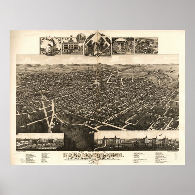 Póster Kalamazoo, MI Birds Eye Ver Mapa Panorâmico (Frente)