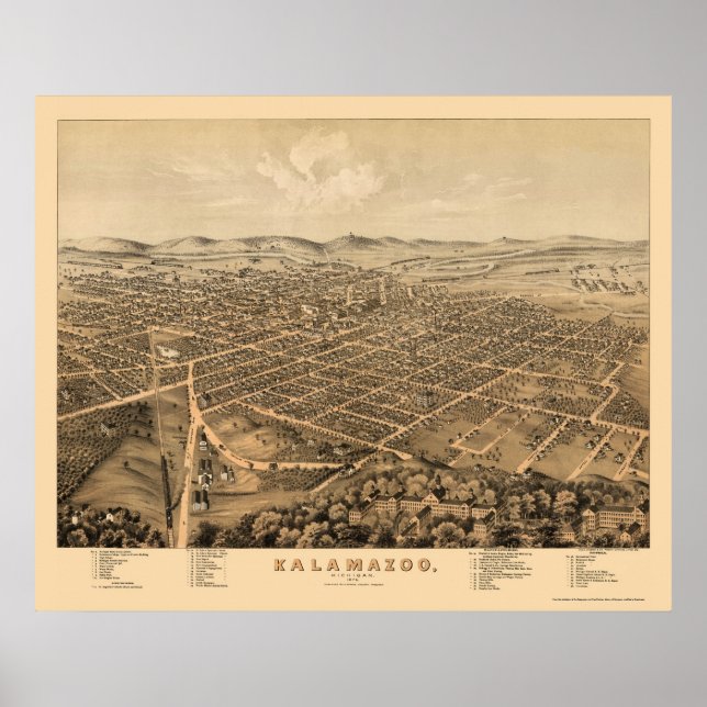 Póster Kalamazoo, MI Panorâmica Map - 1874 (Frente)
