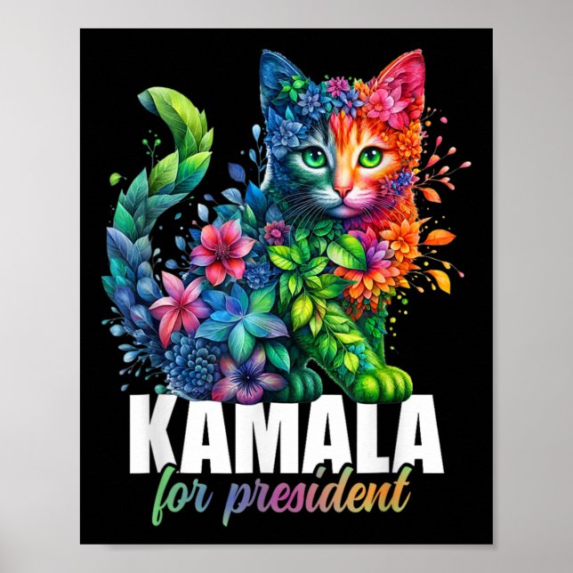 Poster Kamala Harris Para O Presidente Cute Cat Floral Fe (Frente)