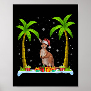 Poster Kangaroo Santa Hat Palm Tree Beach Xmas Pajama