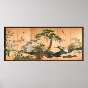 Poster Kano Eino Aves e Flores de Primavera e Verão