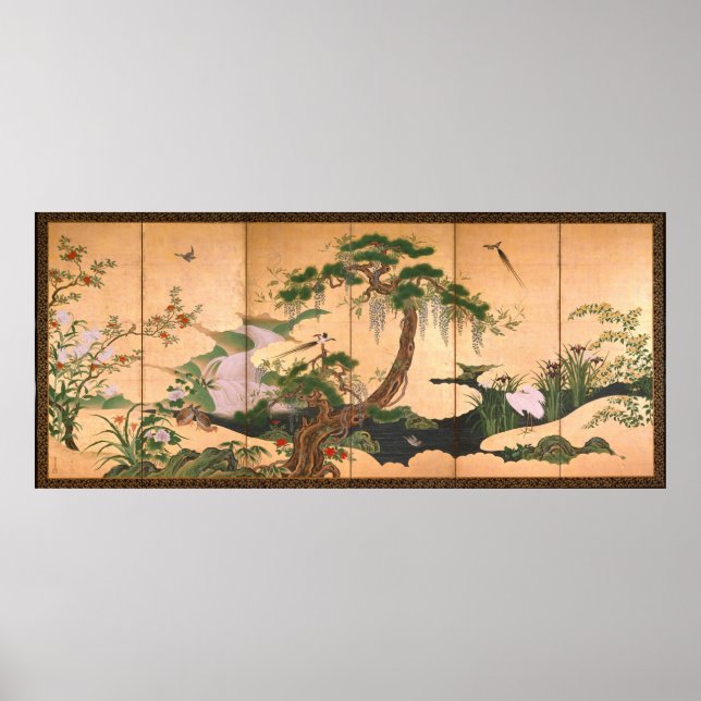 Poster Kano Eino Aves e Flores de Primavera e Verão (Frente)