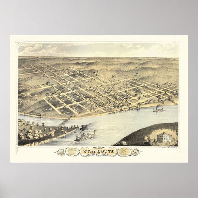 Póster Kansas City, KS Mapa Panorâmico - 1869 (Frente)