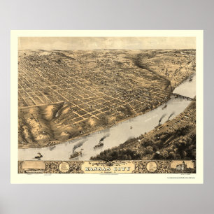 Poster Kansas City, mapa panorâmico do MO - 1869