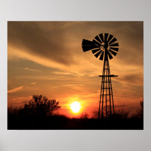 Poster Kansas Ouro Sunset com uma silhueta de moinho