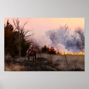 Poster Kansas Rancher Assistindo a uma Queima de Prairie 