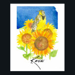 Poster Kansas State Shape Meadowlark Sunflowers<br><div class="desc">A poster decorated with a western meadowlark bird in a field of bright blooming sunflowers in summer over the state shape in royal blue drawn with pen and ink and painted with watercolor. Inspired by the state bird and state flower of Kansas. Great for college dorm room decor or anyone...</div>