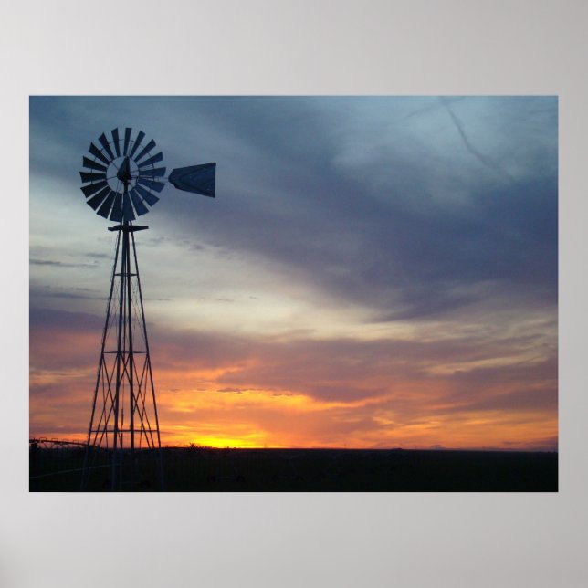 Póster Kansas Sunset e Windmill ocidentais (Frente)