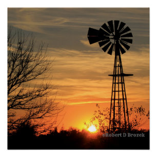 Póster Kansas Windmill Sunset Poster brilhante