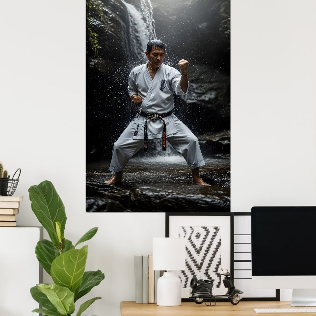 Poster Karate Master Performing Kata Under Waterfall (Escritório em casa)