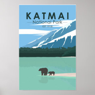 Poster Katmai National Park Grizzly Bears Vintage