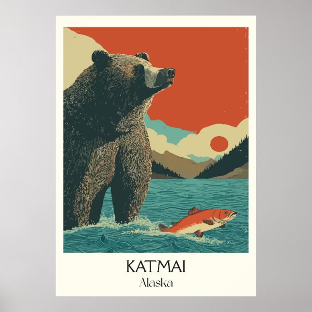 Poster Katmai Urso do Alasca Pescando Salmão (Frente)