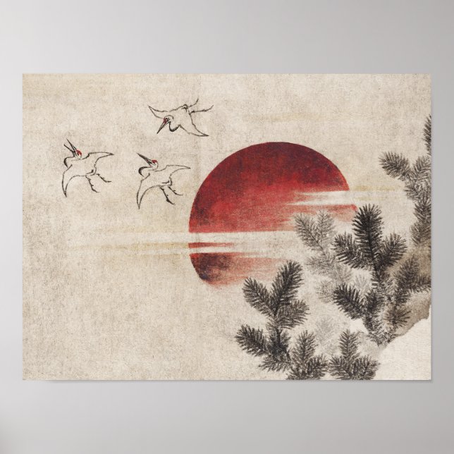 Poster Katsushika Hokusai-Birds e pôr do sol (Frente)