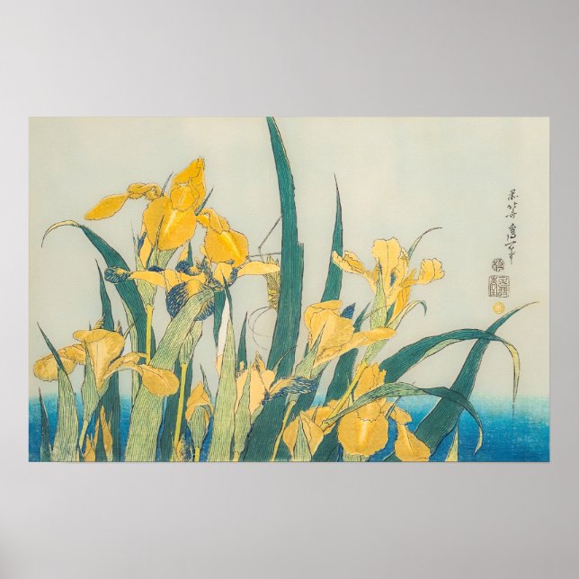 Poster Katsushika Hokusai - Gafanhoto e Iris (Frente)