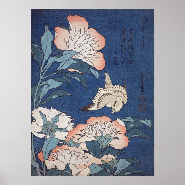 Póster Katsushika Hokusai Peonies e Canárias (Frente)