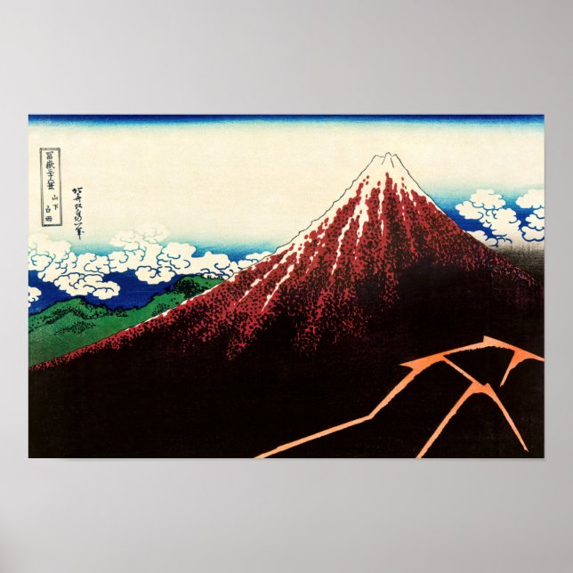 Poster Katsushika Hokusai - Relâmpagos abaixo do cume (Frente)
