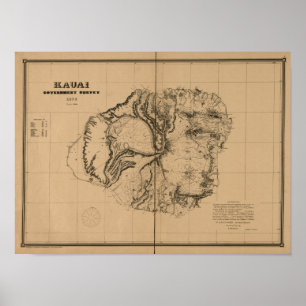 Poster Kauai, 1878, Vintage Hawaii Map