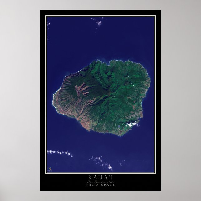 Póster Kauai Island Hawaii Do Mapa Do Satélite Espacial (Frente)