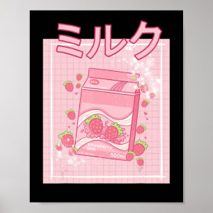 Poster Kawaii Axolotl Strawberry Milk Shake Carton Japane