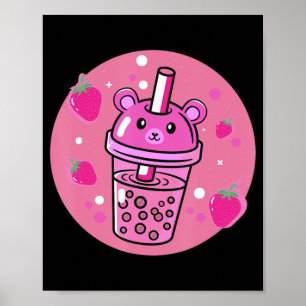 Poster Kawaii Boba Cup Strawberry Anime Bubble Tea Cute