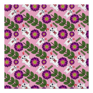 Póster Kawaii Bunny da Primavera: Floral Roxa Vibrante Ma