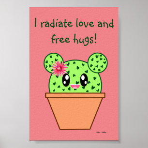 Poster Kawaii Cactus Desenhando Abraços Livres Rosa