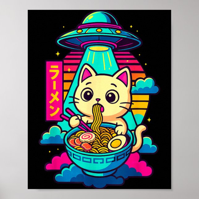 Poster Kawaii Cat Alien Ufo Ramen Graphic Tee Funny Japan (Frente)
