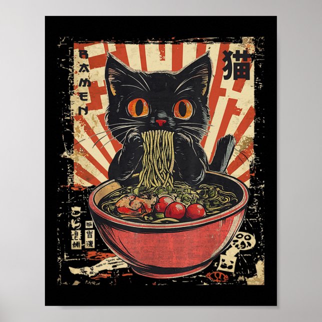 Poster Kawaii Cat Ramen Noodle Engraçado Japonês Anime Ma (Frente)