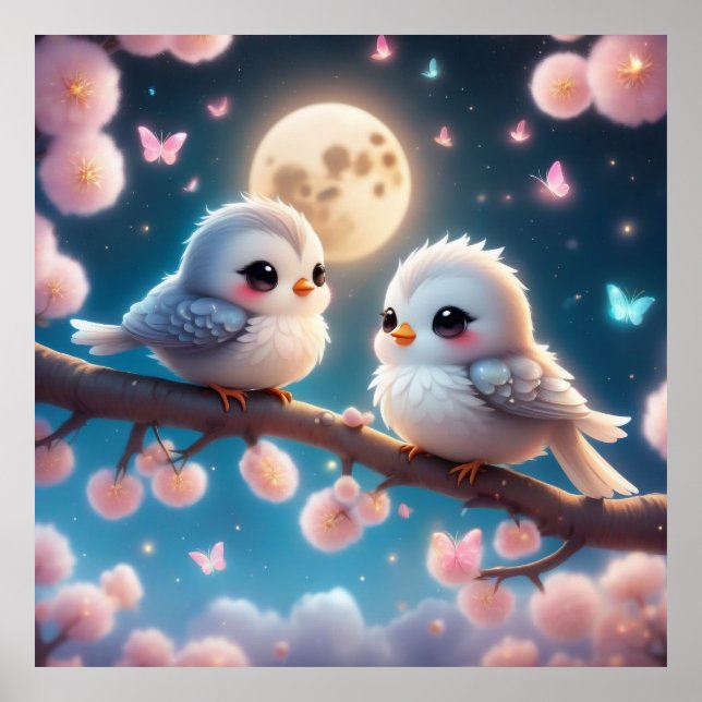 Poster Kawaii Charming Birds sob luz da Lua (Frente)