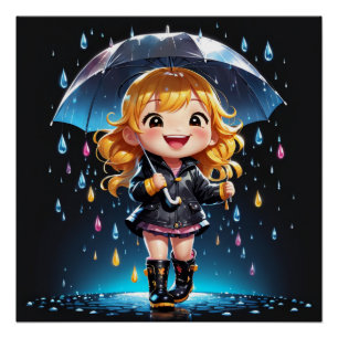 Póster Kawaii Chibi Girl em um feliz dia chuvoso