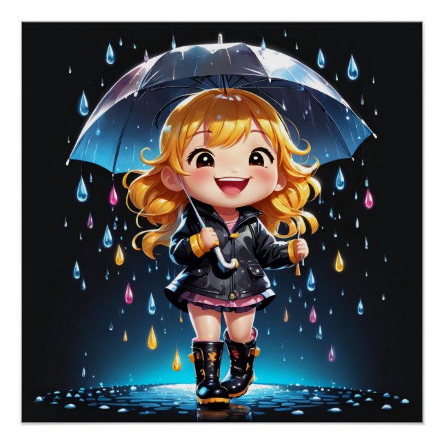 Póster Kawaii Chibi Girl em um feliz dia chuvoso (Frente)