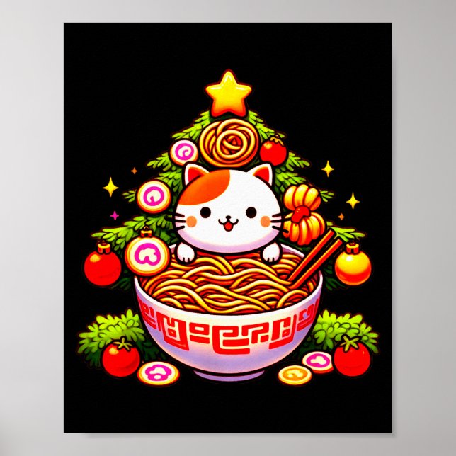 Poster Kawaii Christmas Cat Ramen Christmas Tree Holiday  (Frente)