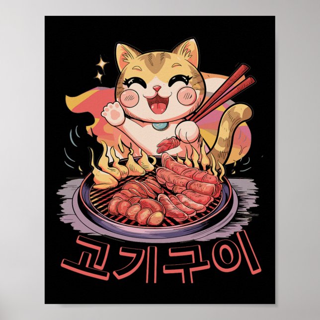 Poster Kawaii Coreano Gato Comendo Churrasco Barbecue Ani (Frente)