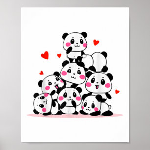 Poster Kawaii Cute Baby Panda Pile Com Valente De Coraçõe