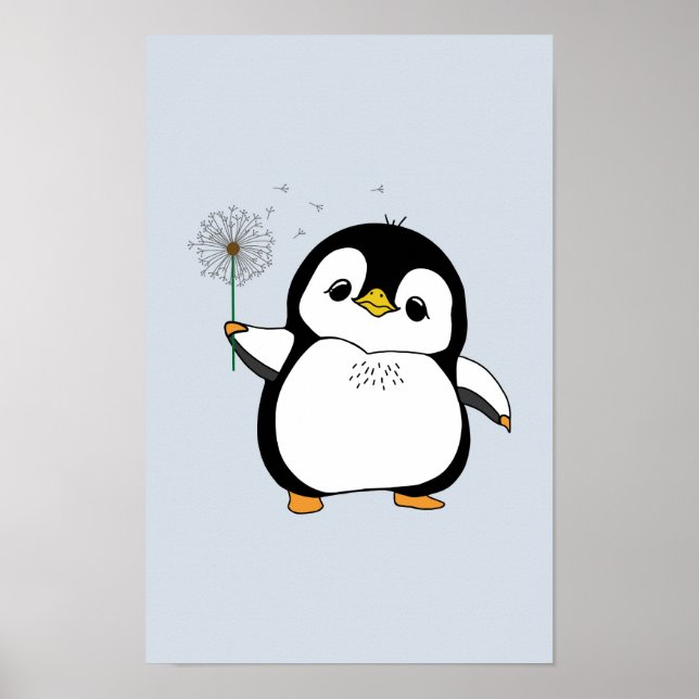 Poster Kawaii Cute Penguin Segurando Dandelion Sorrindo (Frente)