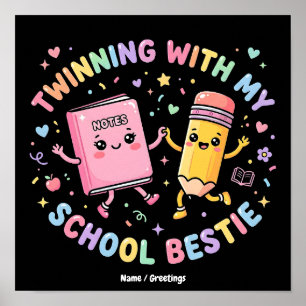 Poster Kawaii Escola Melhor Amiga Gêmeas Amizade