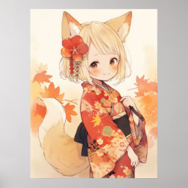 Poster Kawaii Fox Com Kimono