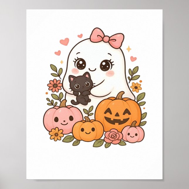 Poster Kawaii Ghost Halloween Black Pumpkin Fall Spot (Frente)
