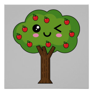Póster Kawaii Happy Winking Apple Tree