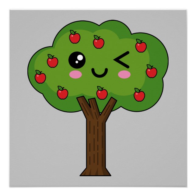 Póster Kawaii Happy Winking Apple Tree (Frente)