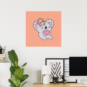 Poster Kawaii Koala with Heart and Butterfly