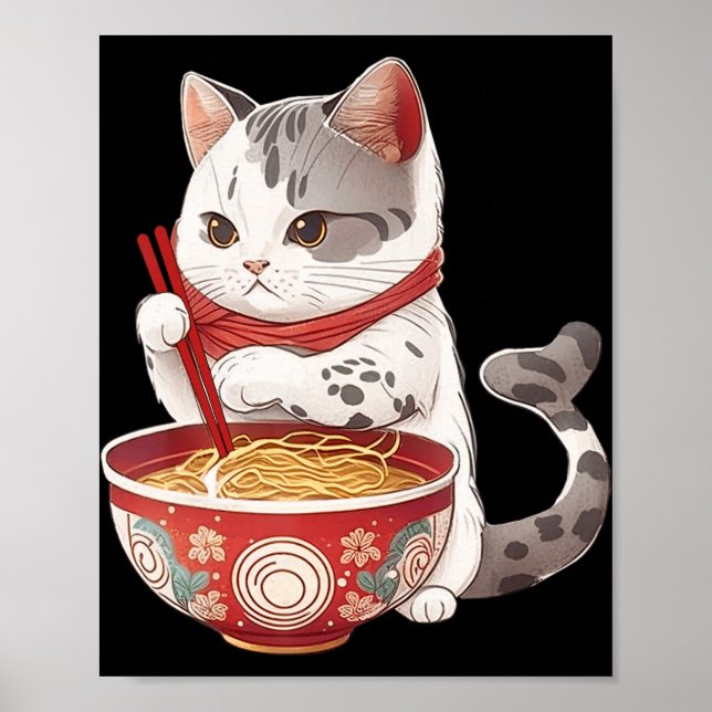 Poster Kawaii NeKo Cat Comendo Ramen Noodles Comida Japon (Frente)