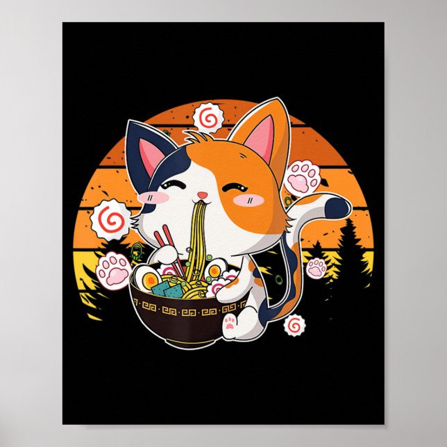 Poster Kawaii Ramen Cat Anime Neko Noodle Japonês Diversã (Frente)
