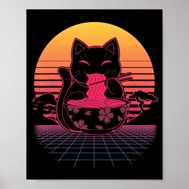 Poster Kawaii Ramen Neko Retro Cat Anime Noodle Japonês (Frente)