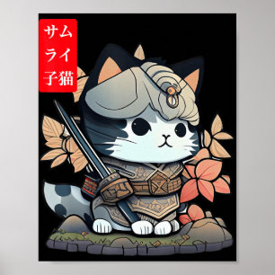 Poster Kawaii Samurai Warrior Kawaii Gato Japonês E