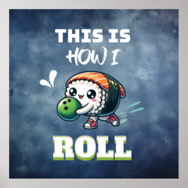 Poster Kawaii Sushi tocando Boliche (texto branco)