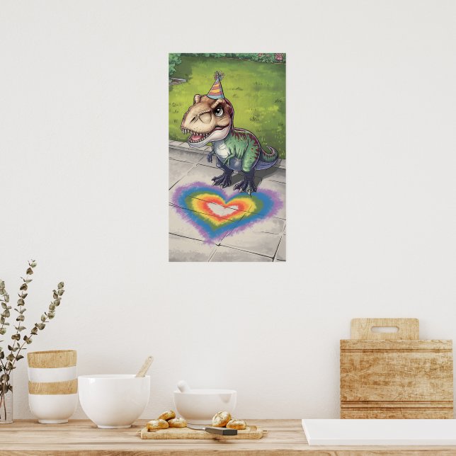 Poster Kawaii trex arco-íris ouve na calçada (Cozinha)