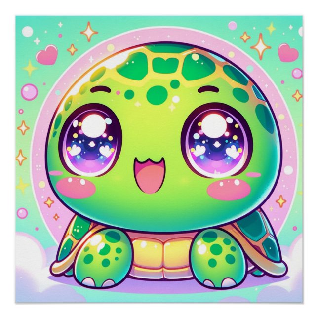 Póster Kawaii Turtle Adorável (Frente)