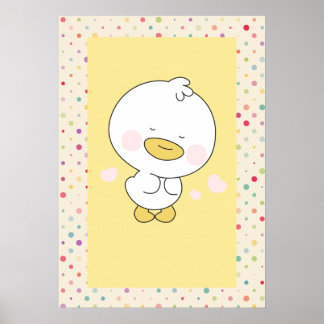 Poster Kawaii Yellow Duckling with Polka Dot Nursery Art