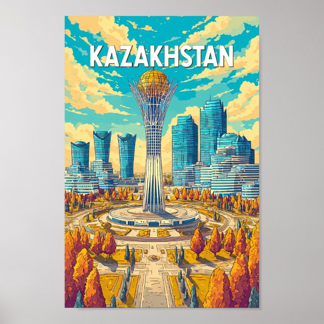 Poster Kazakhstan Illustration Travel Art Vintage (Frente)